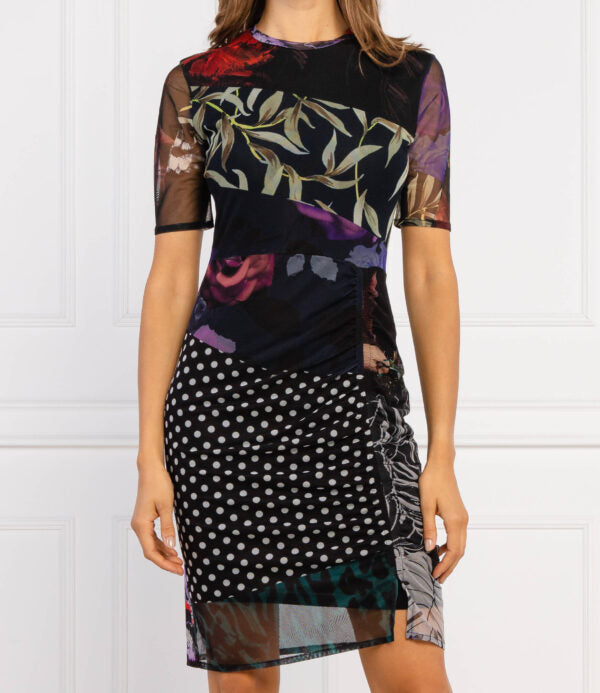 Desigual Amber patchwork hálós miniruha – fekete, színes mintával