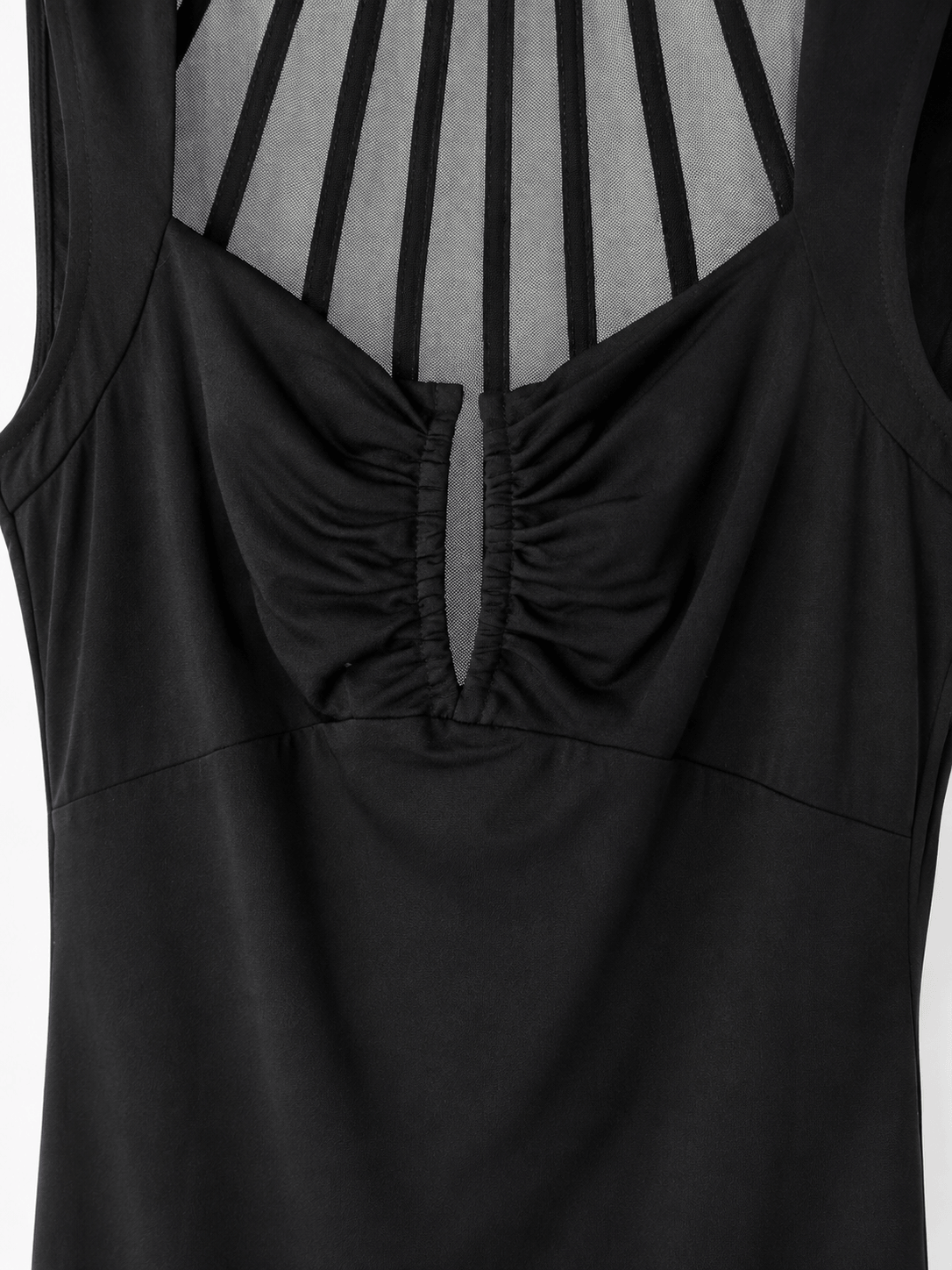 Marciano by Guess Mesh Panel Bodycon Dress – Black detail showing sheer mesh stripe and gathered ruching, women's fashion, designer clothing.