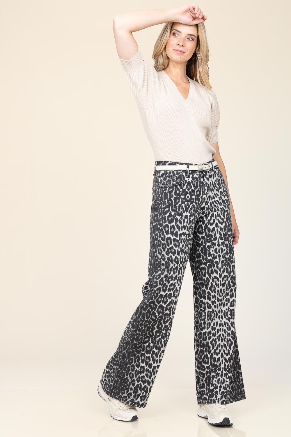 Co'couture Leo Leopard Wide-Leg Denim Trousers – Grey