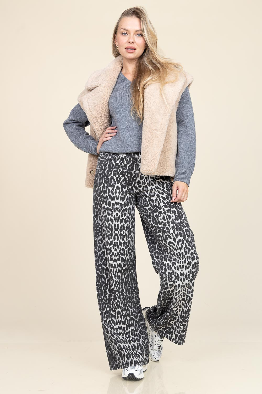 Co'couture Leo Leopard Wide-Leg Denim Trousers – Grey