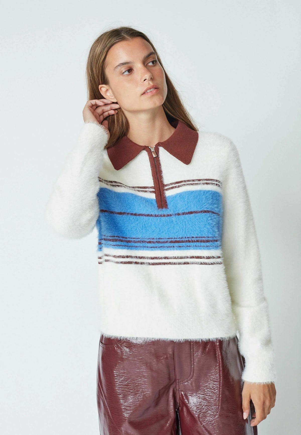 Co'couture Tory Striped Zip-Neck Jumper – Ecru