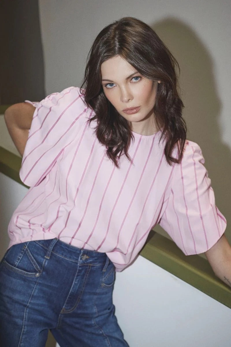 Co'couture Rosalina CC Stripe Short-Sleeve Blouse – Blush Pink