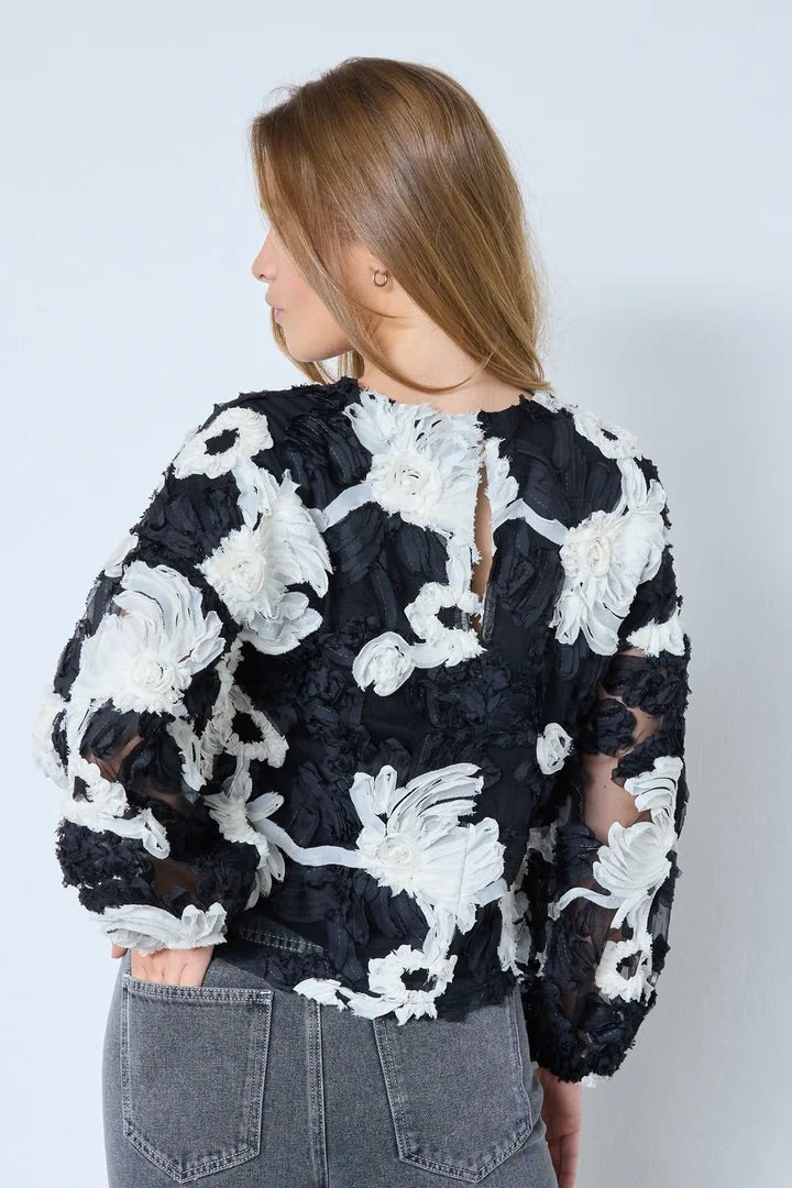 Co'couture Fleur CC Fluffy Long-Sleeve Blouse – Black