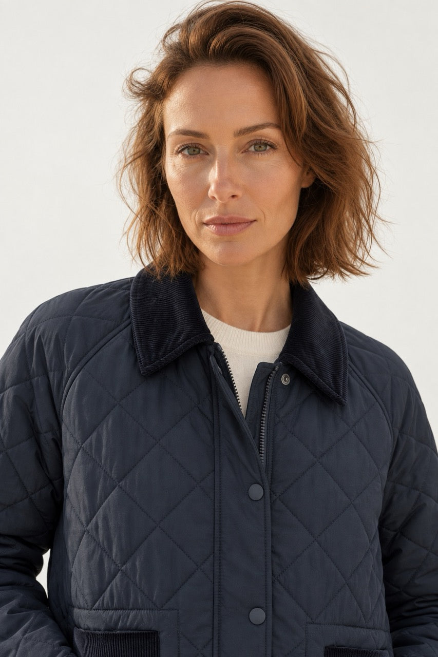 s.Oliver Women's Quilted Winter Coat – Navy & Dark Sage Green