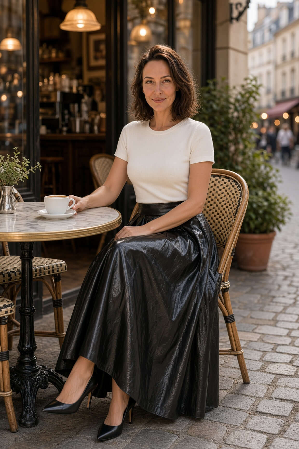 Woman in black Marciano by Guess Faux Leather Pleated Midi Skirt – Black, paired with a white top, at a cafe.