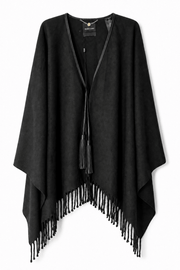 Marciano by Guess Wool Blend Fringed Cape – Black, stylish women's fashion poncho with elegant fringe, outlet designer clothing.