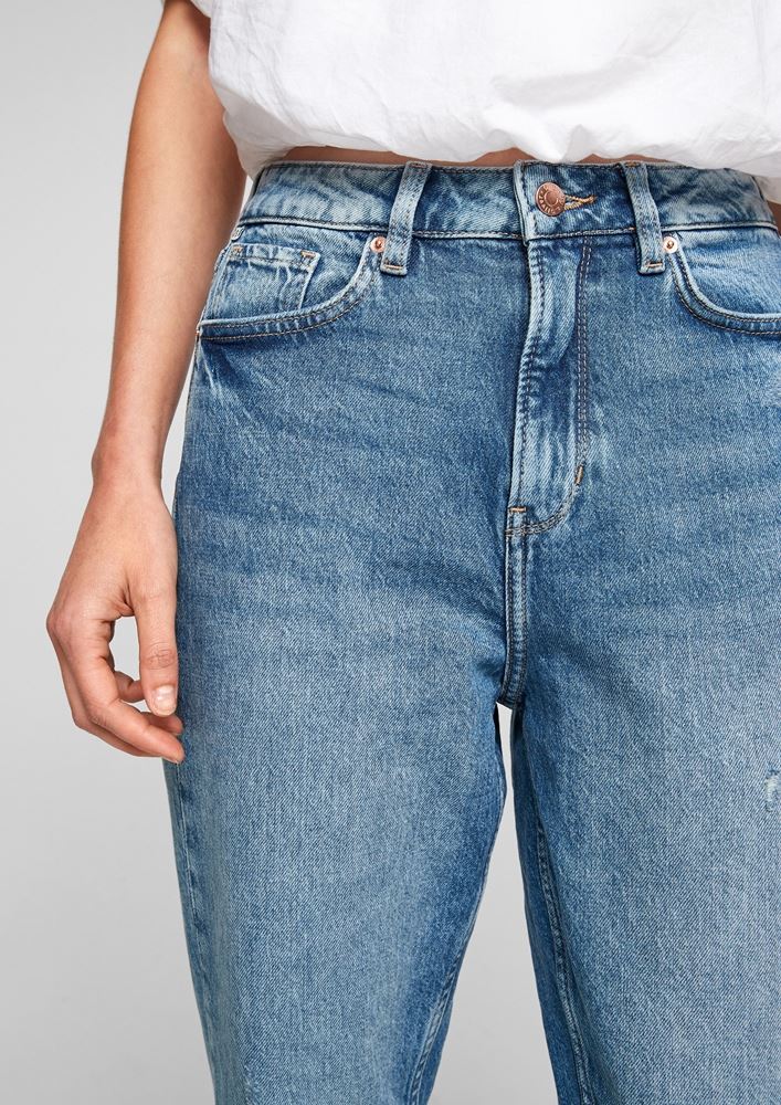 QS by s.Oliver Mom Jeans Ankle – Blue, women's fashion, high-rise waist, relaxed fit denim jeans.