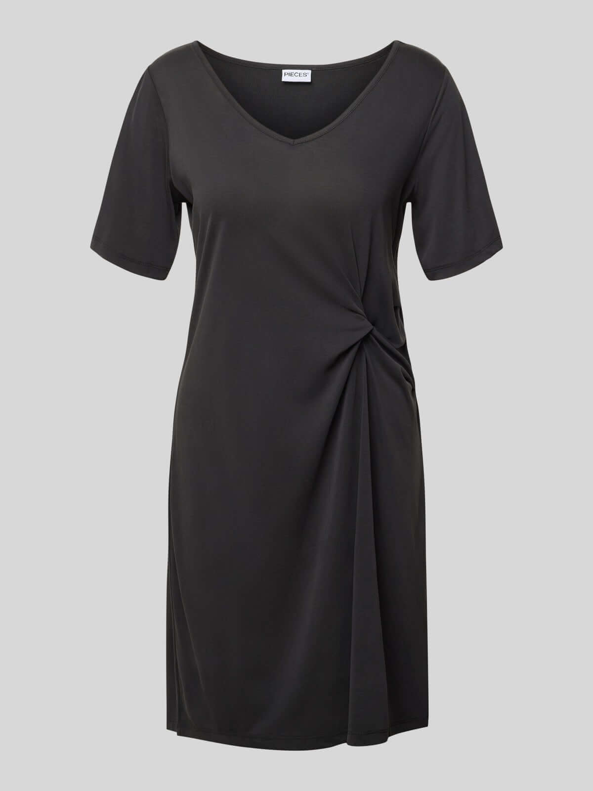 Pieces Pcanora Short Dress in black, women's fashion, flattering V-neck, side twist-knot detail, premium brand outlet.