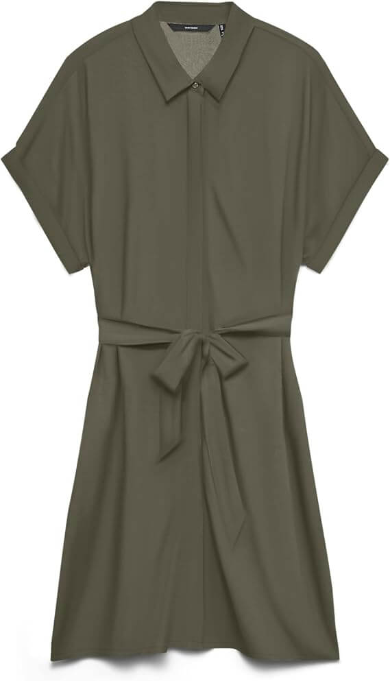Vero Moda VMEASY JOY Shirt Dress – Khaki, short sleeve, self-tie waist, women's fashion, premium brands, designer clothing
