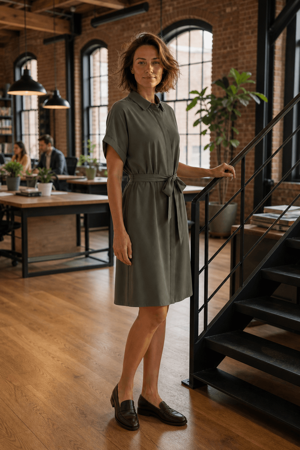 Vero Moda VMEASY JOY Shirt Dress – Khaki showcased in a stylish office, perfect for women's fashion in premium brands.