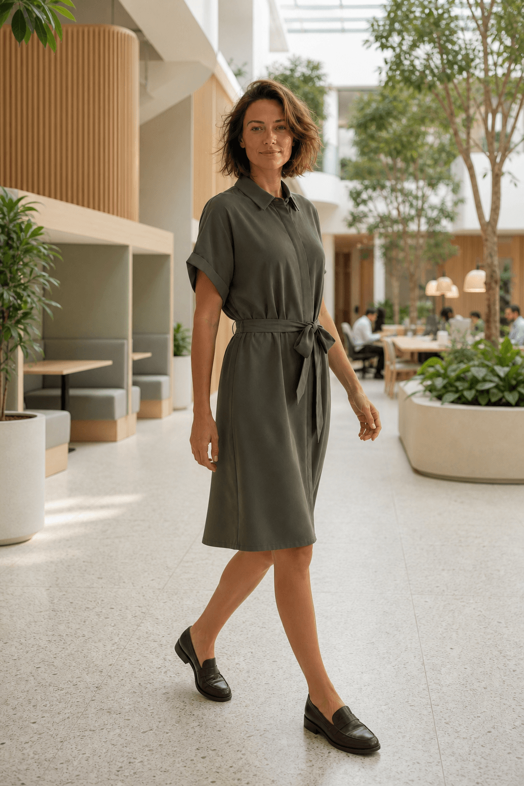 Vero Moda VMEASY JOY Shirt Dress – Khaki modeled in a modern setting, showcasing women's fashion from premium brands.