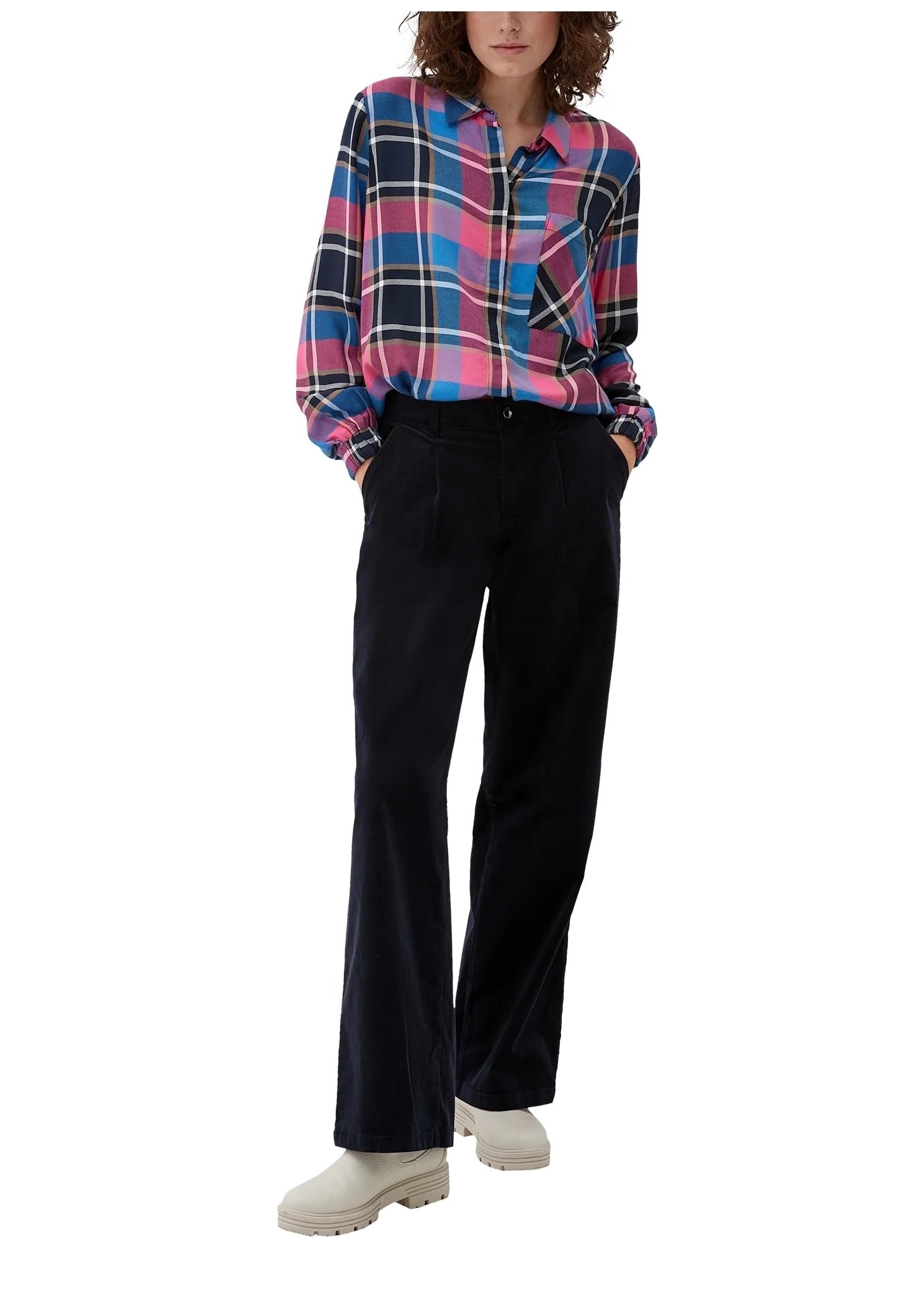s.Oliver Oversized Plaid Shirt – Navy Blue, Pink & Purple