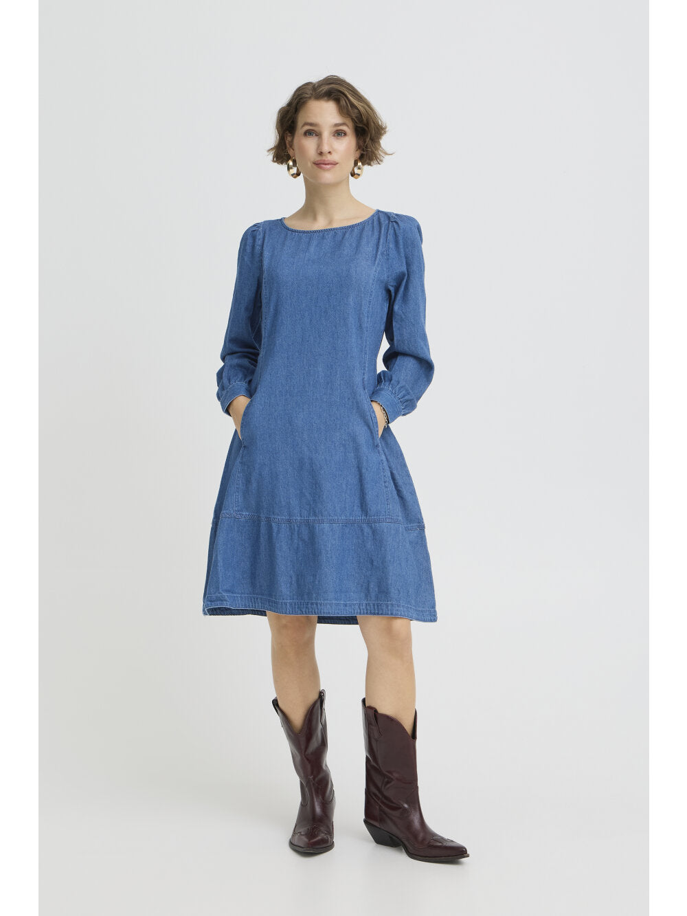 b.young Bykairon chambray A-vonalú ruha – középkék