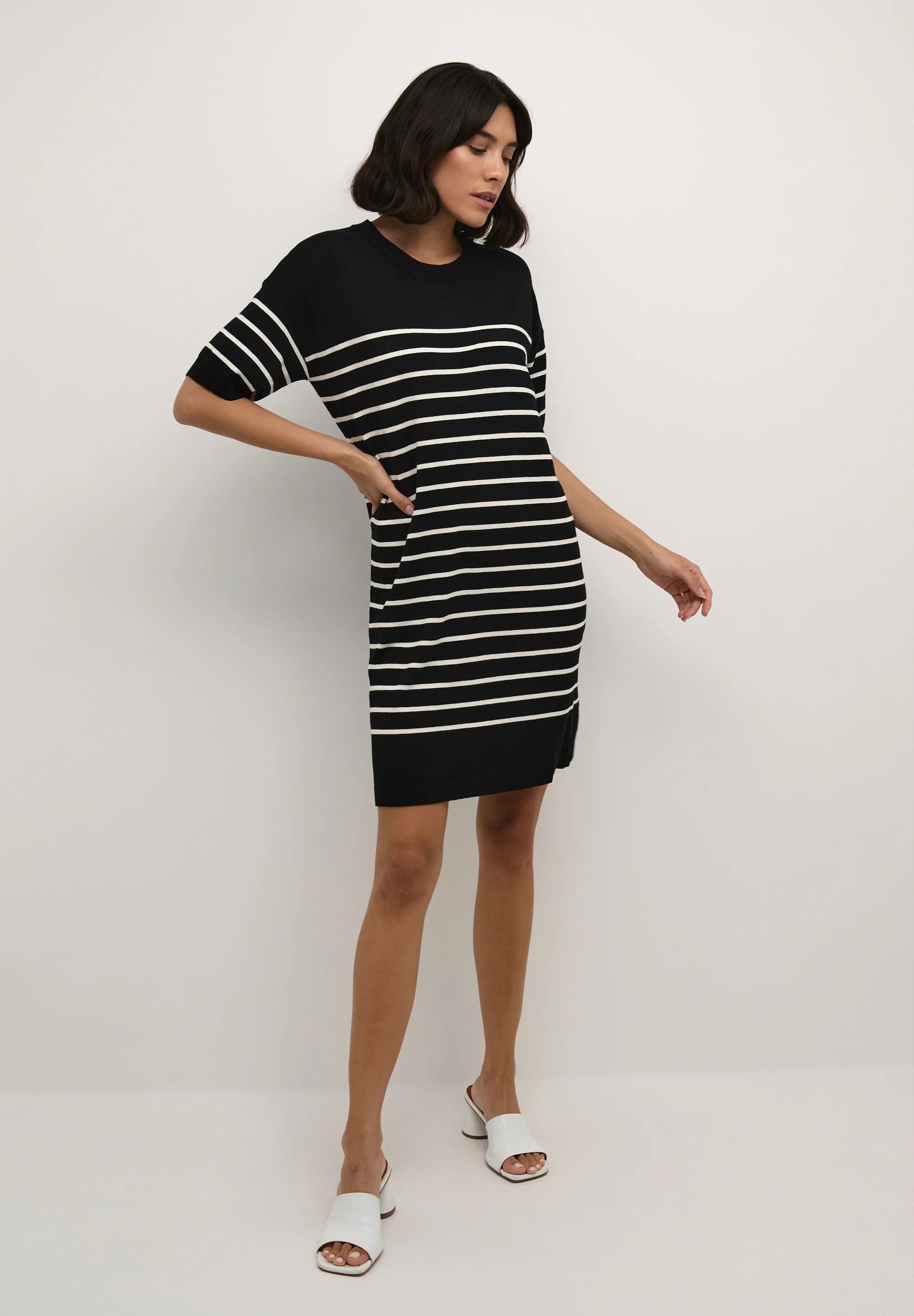 Kaffe Kalizza Striped Knit Mini Dress – Black and White