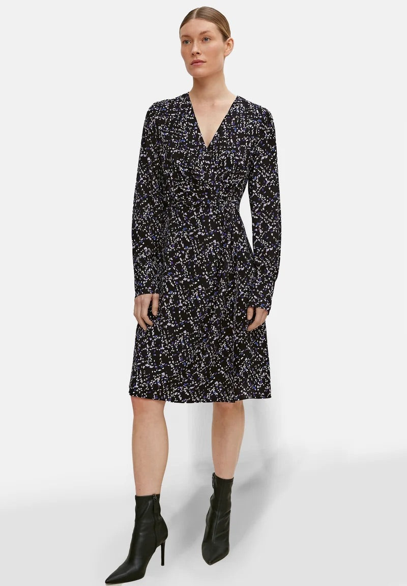 Comma Abstract Splatter Print V-Neck Dress – Black