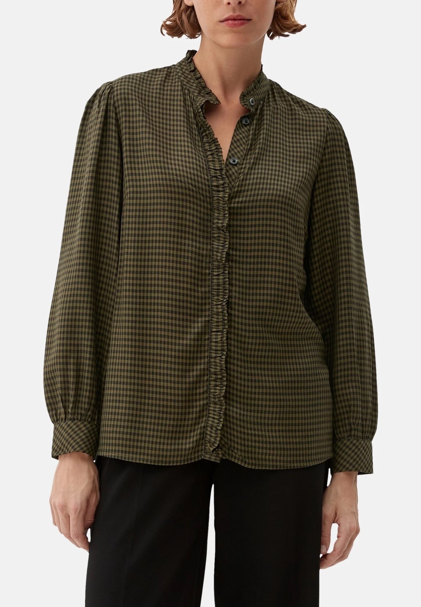 s.Oliver Gingham Check Blouse with Ruffle Collar – Evergreen