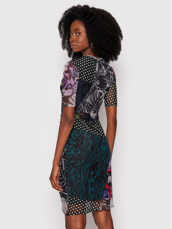Desigual Amber patchwork hálós miniruha – fekete, színes mintával