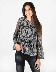 Desigual Dijon Sheer Bell-Sleeve Top – Black