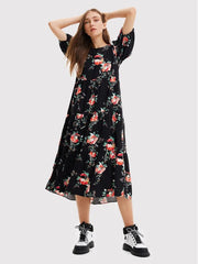 Desigual Florencia virágmintás, fodros midiruha – fekete