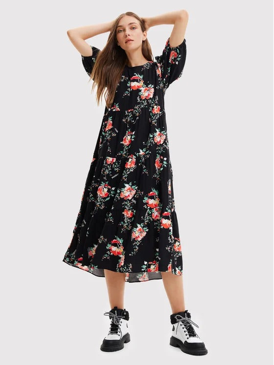 Desigual Florencia virágmintás, fodros midiruha – fekete