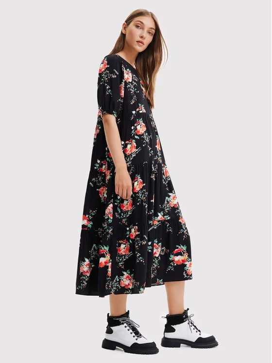 Desigual Florencia virágmintás, fodros midiruha – fekete