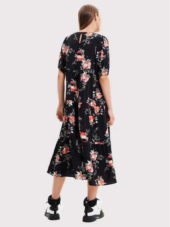 Desigual Florencia virágmintás, fodros midiruha – fekete