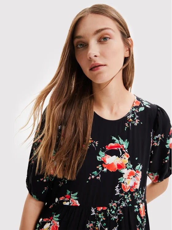 Desigual Florencia virágmintás, fodros midiruha – fekete