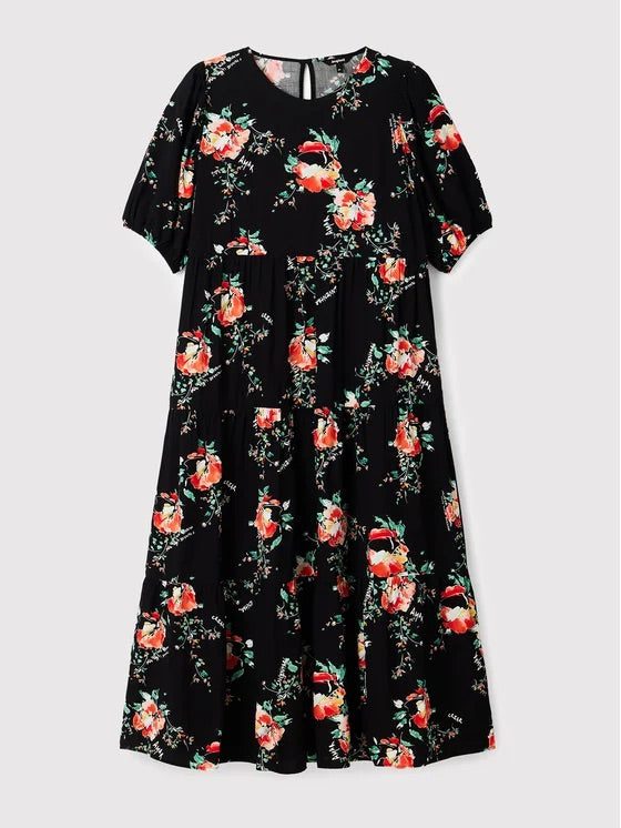 Desigual Florencia virágmintás, fodros midiruha – fekete