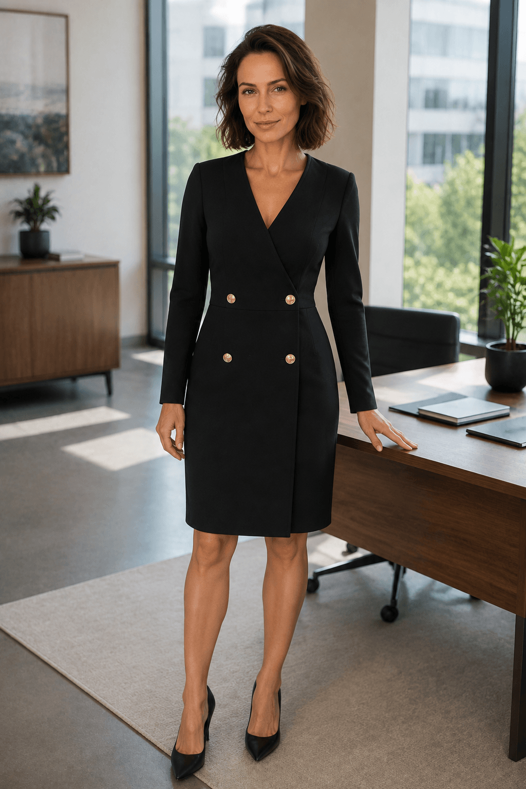 Marciano by Guess Double-Breasted Blazer Dress – Black worn by a woman in an office setting, perfect for women's fashion and designer clothing.