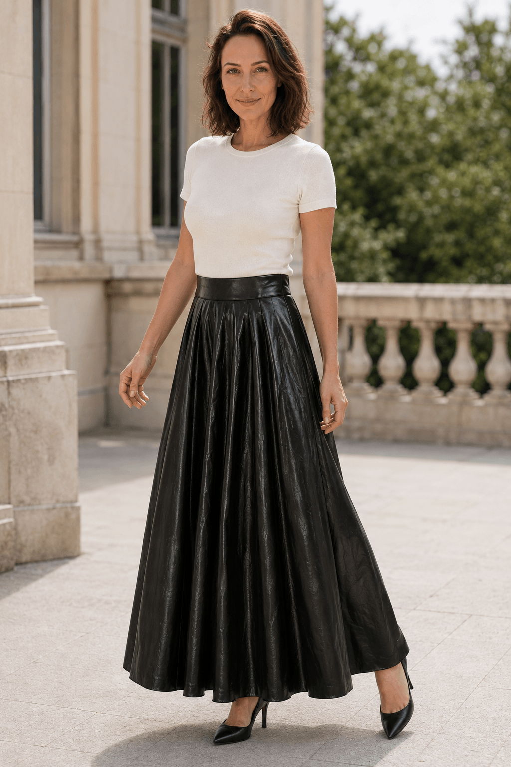 Marciano by Guess Faux Leather Pleated Midi Skirt – Black, women's fashion, elegant A-line designer skirt for stylish outfits.