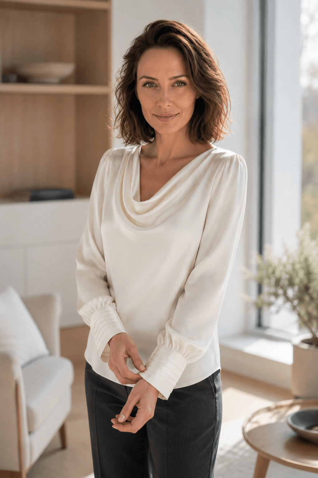 Marciano by Guess Cowl Neck Satin Blouse – Cream, elegant women’s fashion top, luxurious designer clothing in a premium style.