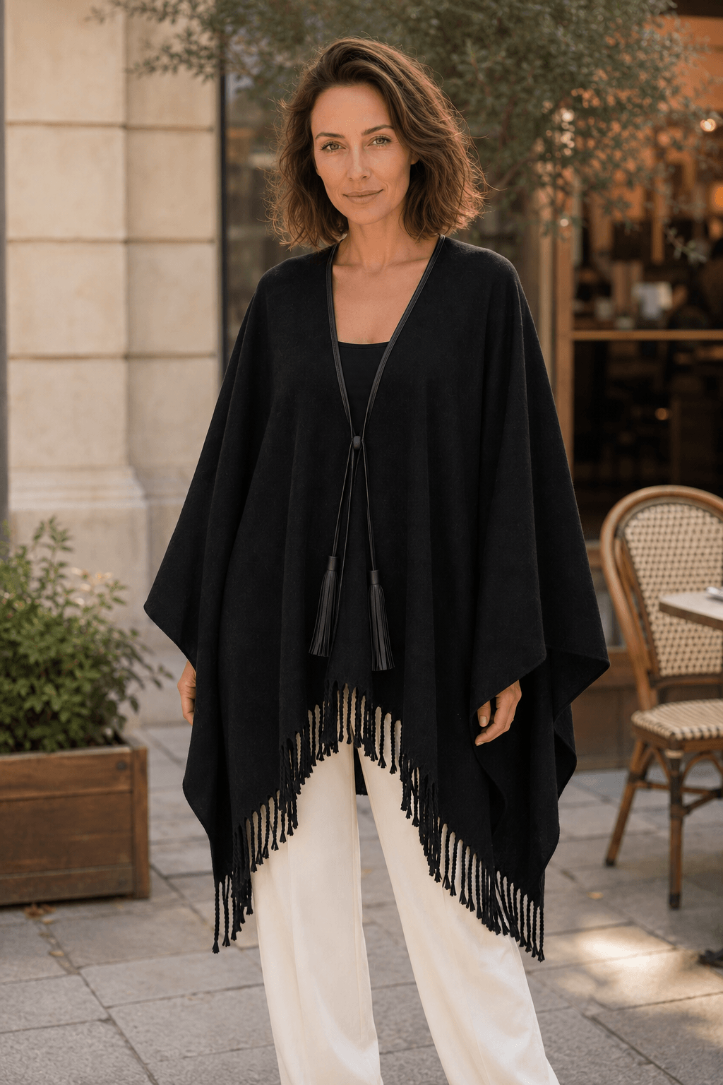Marciano by Guess Wool Blend Fringed Cape – Black in women's fashion, featuring a leather tassel tie and dramatic fringe.