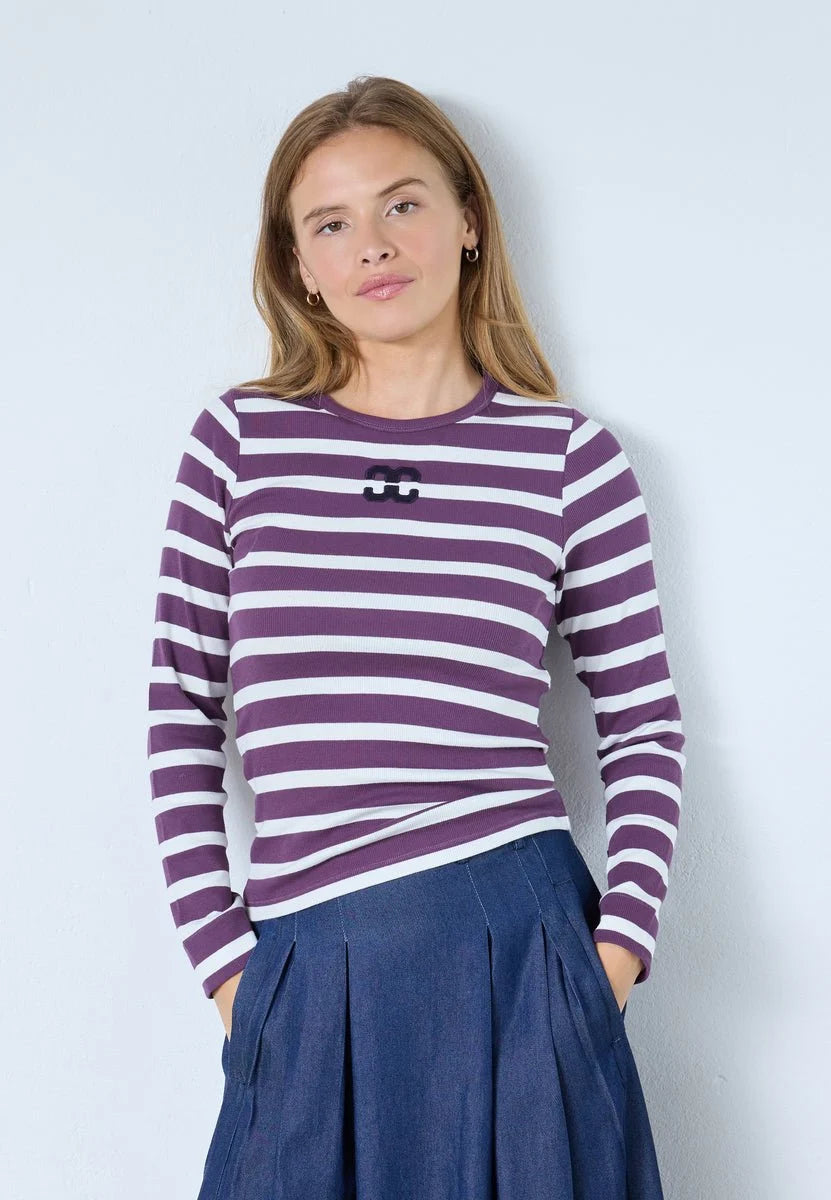Co'couture Granny CC Rib Embroidered Long-Sleeve Blouse – Offwhite/Plum