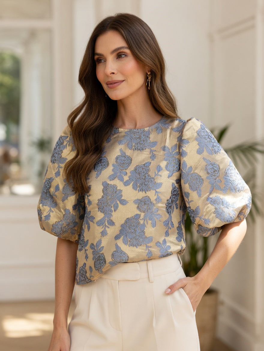 b.young BXEva virágmintás jacquard blúz – arany-kék