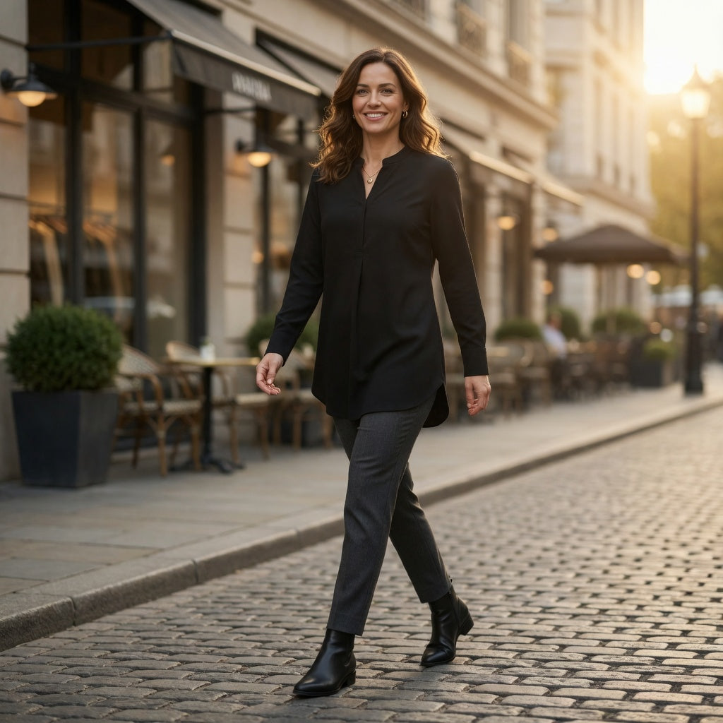 Zero Longline Mandarin-Collar Blouse – Black