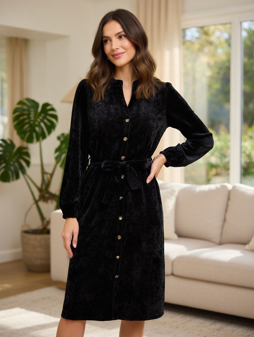 Sorbet Spicy Corduroy Shirt Dress with Belt – Black