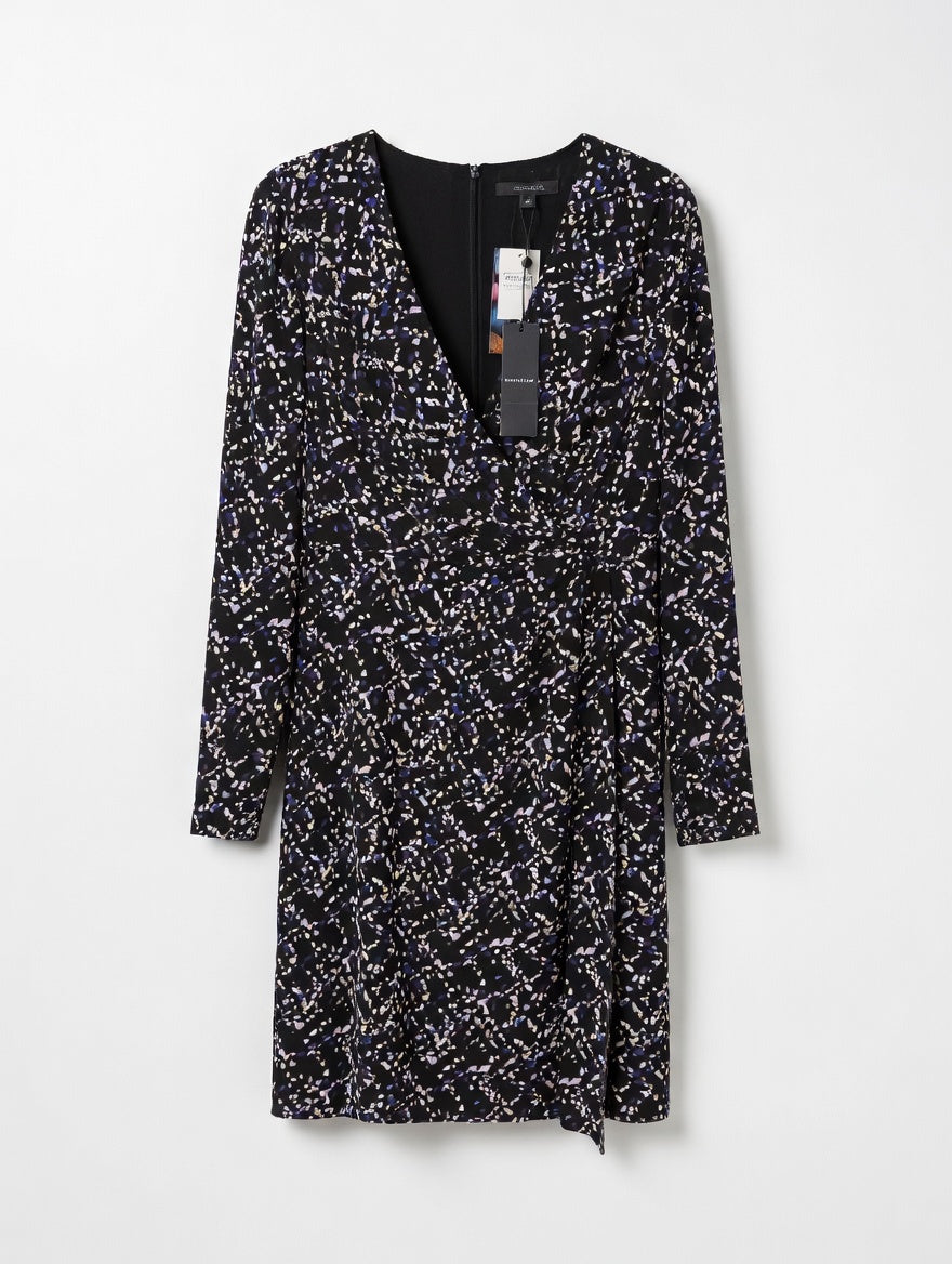 Comma Abstract Splatter Print V-Neck Dress – Black