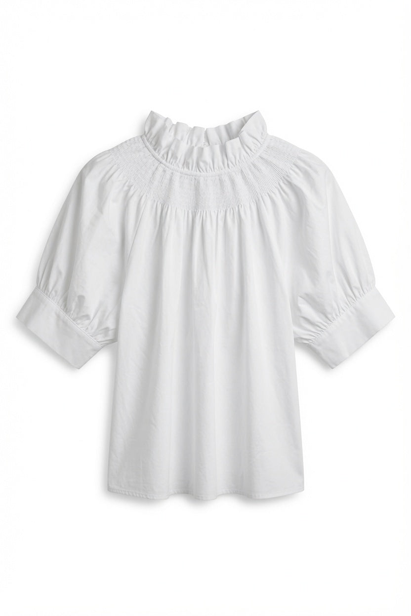 Feminin Flora Ruffle-Neck Blouse – White