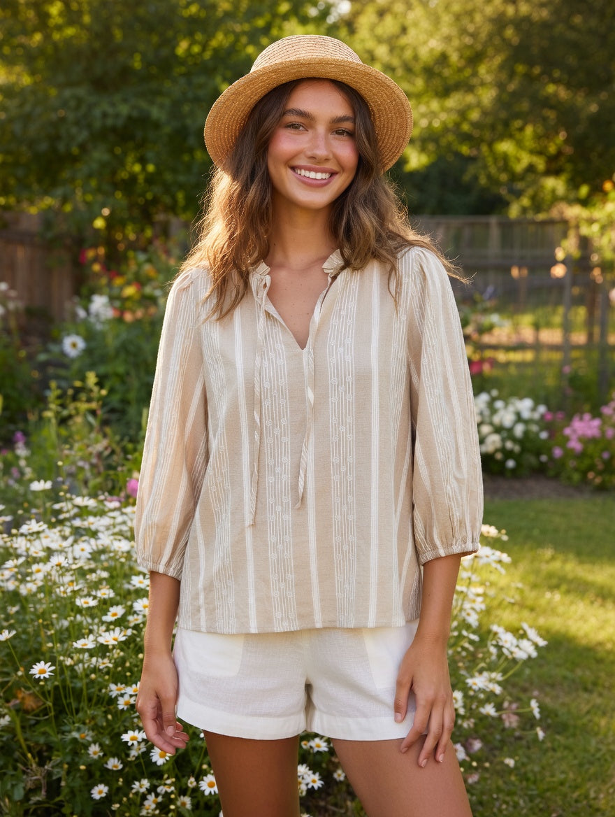 b.young Illiane Striped Blouse – Sand Beige