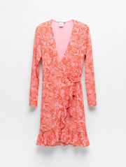 ICHI Gretan Marble-Print Wrap Dress – Coral