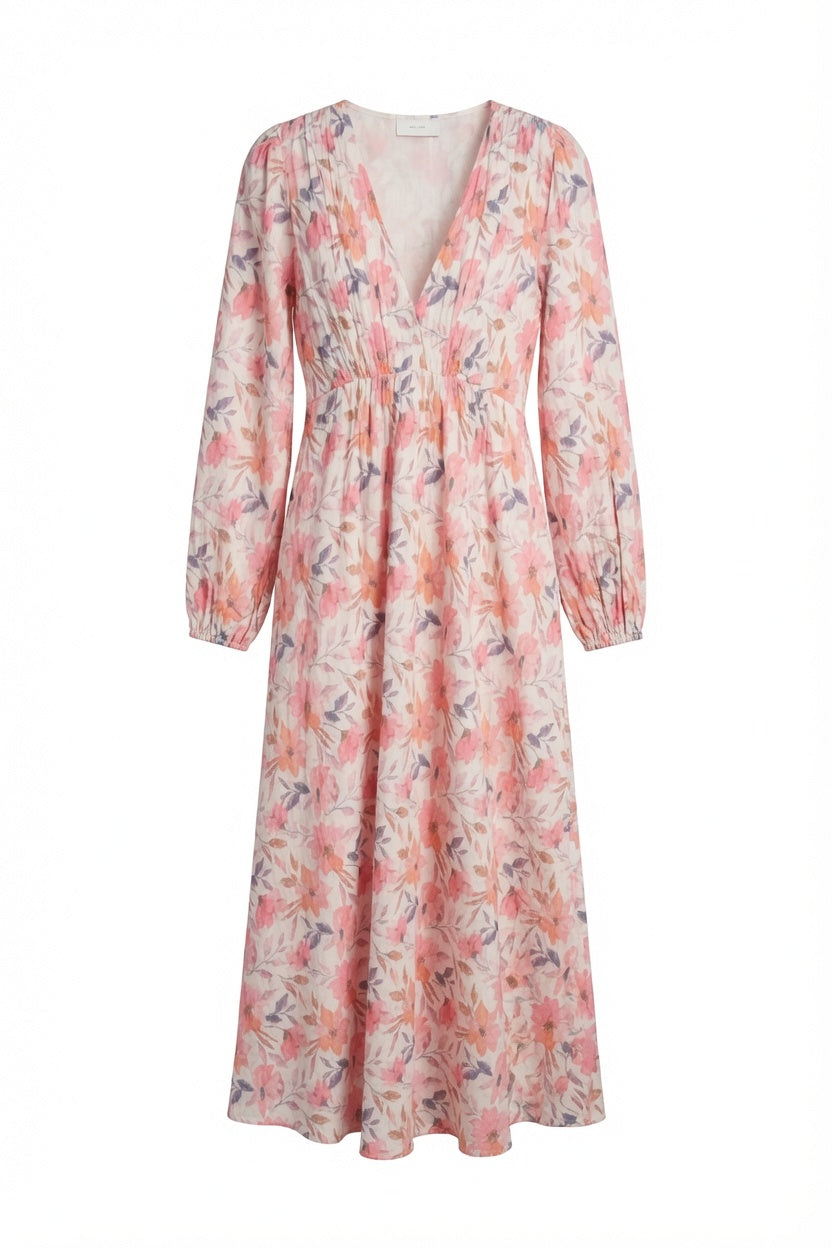 Neo Noir Floral Chiffon Midi Dress – Blush Pink | Women's V-Neck Maxi Dress