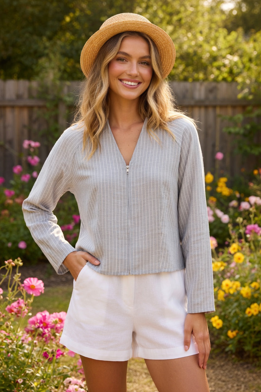 ICHI IHXTALIA Pinstripe Zip-Front Blouse – Light Grey