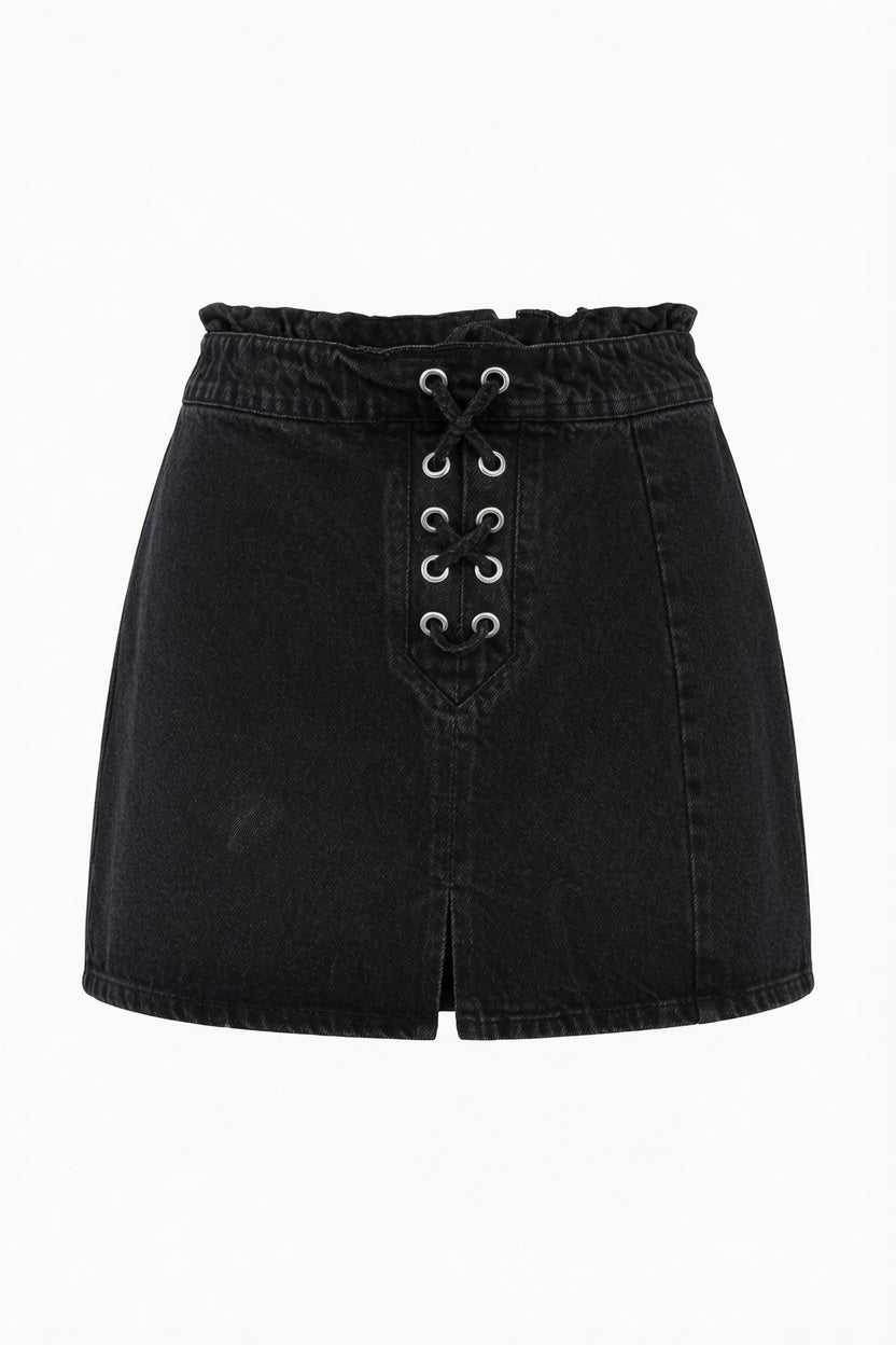 Kaffe Lace-Up Denim Mini Skirt – Black