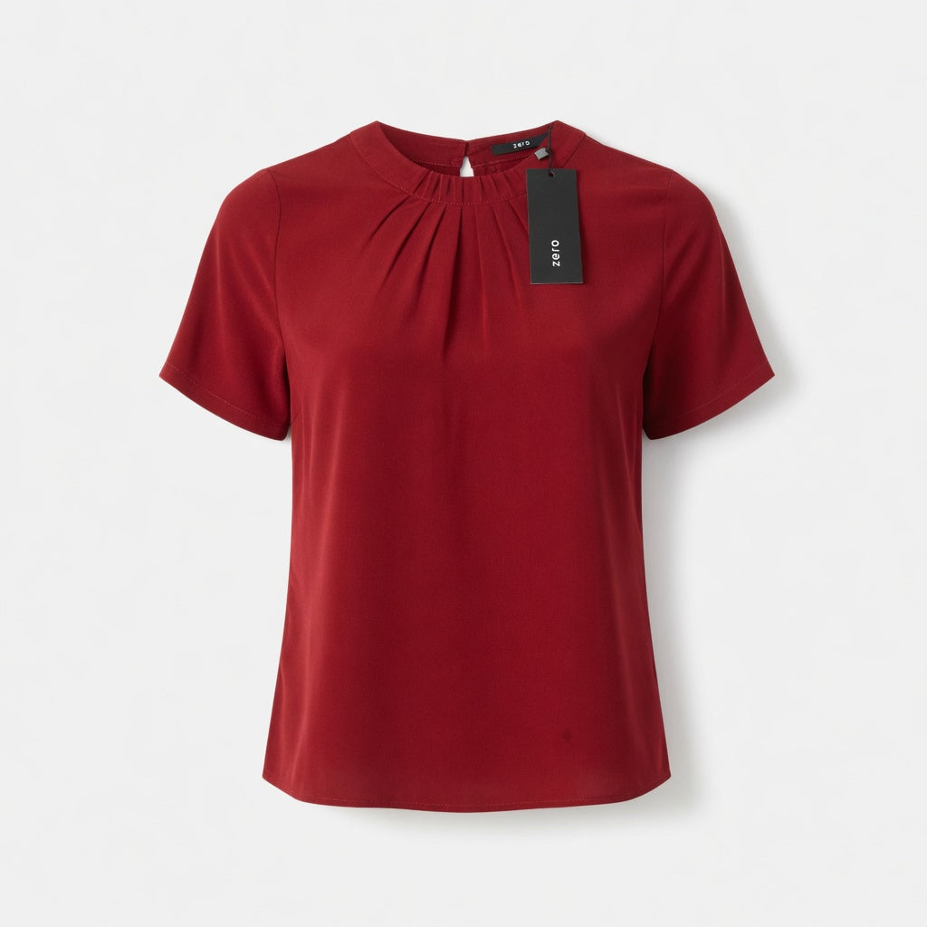 Zero Pleated Crew-Neck Blouse – Burgundy