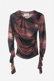 Neo Noir Ruched Mesh Blouse – Brown Abstract Print