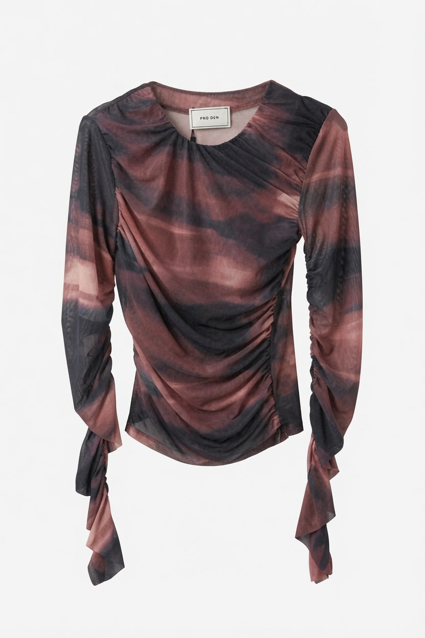 Neo Noir Ruched Mesh Blouse – Brown Abstract Print