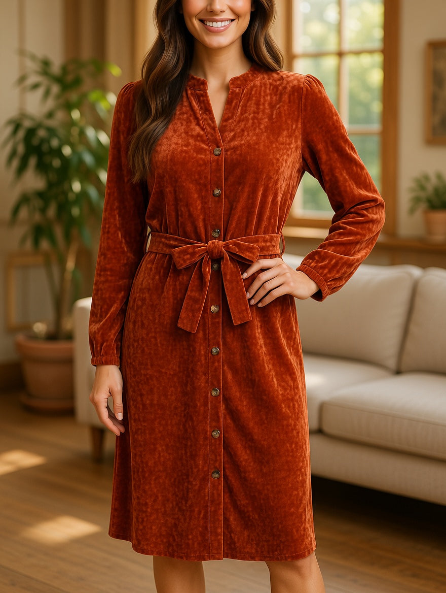 Sorbet Spicy Corduroy Shirt Dress with Belt – Rust Brown