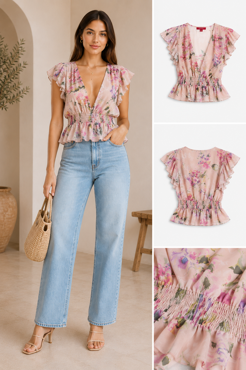 Guess Dawn virágmintás peplum felső – rózsaszín