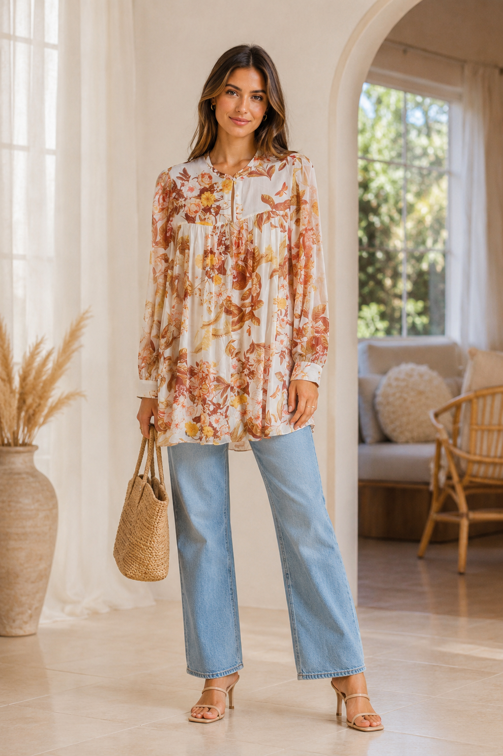 Guess virágmintás sifonblúz – krém