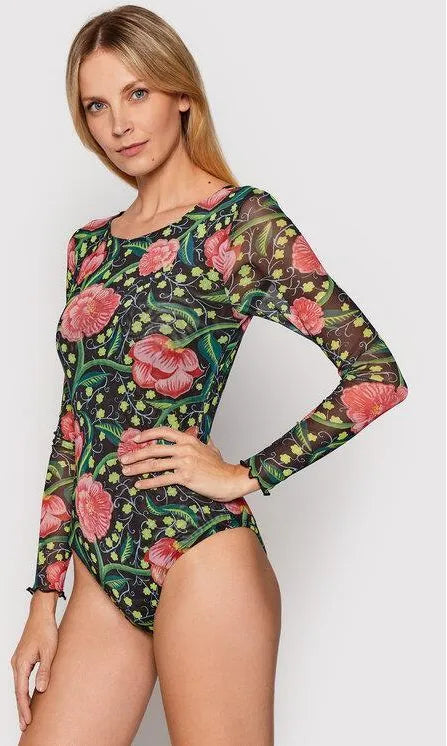 Desigual Floral Bodysuit – Black with Pink Flowers